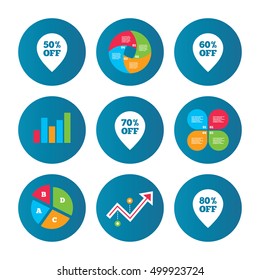 Business pie chart. Growth curve. Presentation buttons. Sale pointer tag icons. Discount special offer symbols. 50%, 60%, 70% and 80% percent off signs. Data analysis. Vector