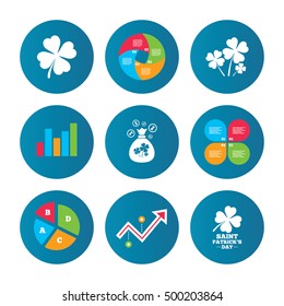 Business pie chart. Growth curve. Presentation buttons. Saint Patrick day icons. Money bag with clovers and coins sign. Symbol of good luck. Data analysis. Vector