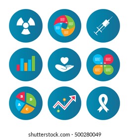 Business pie chart. Growth curve. Presentation buttons. Medicine icons. Syringe, life insurance, radiation and ribbon signs. Breast cancer awareness symbol. Hand holds heart. Data analysis. Vector