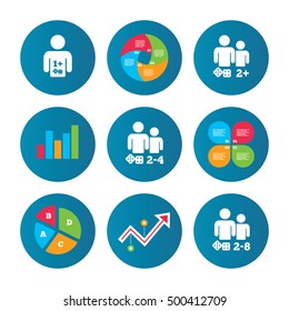 Business pie chart. Growth curve. Presentation buttons. Gamer icons. Board games players sign symbols. Data analysis. Vector