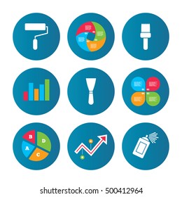 Business pie chart. Growth curve. Presentation buttons. Paint roller, brush icons. Spray can and Spatula signs. Wall repair tool and painting symbol. Data analysis. Vector