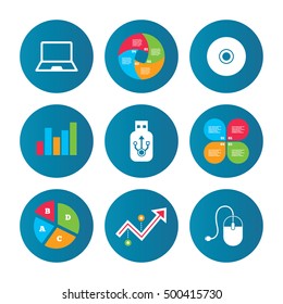 Business pie chart. Growth curve. Presentation buttons. Notebook pc and Usb flash drive stick icons. Computer mouse and CD or DVD sign symbols. Data analysis. Vector