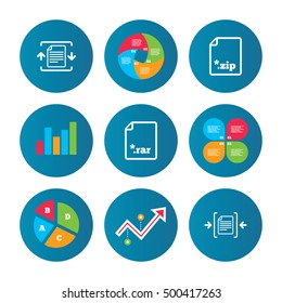 Business pie chart. Growth curve. Presentation buttons. Archive file icons. Compressed zipped document signs. Data compression symbols. Data analysis. Vector