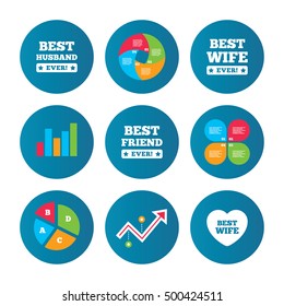 Business pie chart. Growth curve. Presentation buttons. Best wife, husband and friend icons. Heart love signs. Award symbol. Data analysis. Vector