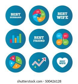 Business pie chart. Growth curve. Presentation buttons. Best wife, husband and friend icons. Heart love signs. Award symbol. Data analysis. Vector