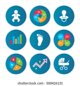 Business pie chart. Growth curve. Presentation buttons. Baby infants icons. Toddler boy with diapers symbol. Buggy and dummy signs. Child pacifier and pram stroller. Child footprint step sign. Vector