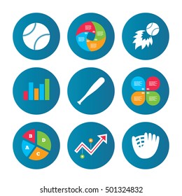 Business pie chart. Growth curve. Presentation buttons. Baseball sport icons. Ball with glove and bat signs. Fireball symbol. Data analysis. Vector