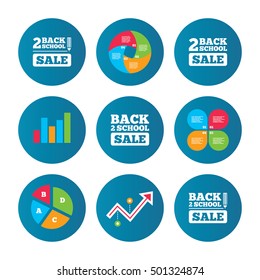 Business pie chart. Growth curve. Presentation buttons. Back to school sale icons. Studies after the holidays signs. Pencil symbol. Data analysis. Vector