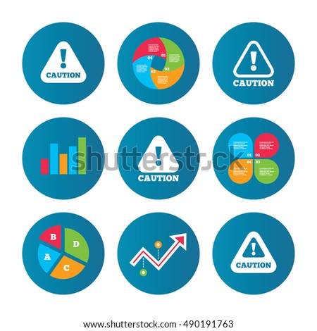 Business pie chart. Growth curve. Presentation buttons. Attention caution icons. Hazard warning symbols. Exclamation sign. Data analysis. Vector