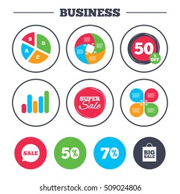 Business pie chart. Growth graph. Sale speech bubble icon. 50% and 70% percent discount symbols. Big sale shopping bag sign. Super sale and discount buttons. Vector