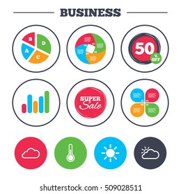 Business pie chart. Growth graph. Weather icons. Cloud and sun signs. Thermometer temperature symbol. Super sale and discount buttons. Vector