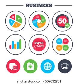 Business pie chart. Growth graph. Social media icons. Chat speech bubble and world globe symbols. Hipster photo camera sign. Photo frames. Super sale and discount buttons. Vector
