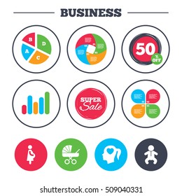 Business pie chart. Growth graph. Maternity icons. Baby infant, pregnancy and buggy signs. Baby carriage pram stroller symbols. Head with heart. Super sale and discount buttons. Vector