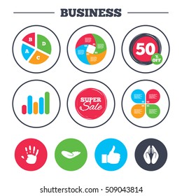 Business pie chart. Growth graph. Hand icons. Like thumb up symbol. Insurance protection sign. Human helping donation hand. Prayer hands. Super sale and discount buttons. Vector