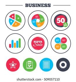 Business pie chart. Growth graph. Star favorite and menu list icons. Checklist and cogwheel gear sign symbols. Super sale and discount buttons. Vector