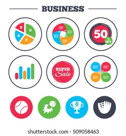 Business pie chart. Growth graph. Baseball sport icons. Ball with glove and two crosswise bats signs. Fireball with award cup symbol. Super sale and discount buttons. Vector
