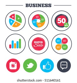 Business pie chart. Growth graph. Hipster photo camera icon. Like and Chat speech bubble sign. Hand thumb up. Bird symbol. Super sale and discount buttons. Vector