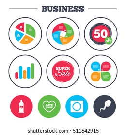 Business pie chart. Growth graph. Safe sex love icons. Condom in package symbol. Sperm sign. Fertilization or insemination. Super sale and discount buttons. Vector