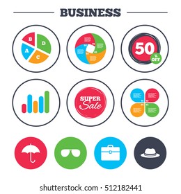 Business pie chart. Growth graph. Clothing accessories icons. Umbrella and sunglasses signs. Headdress hat with business case symbols. Super sale and discount buttons. Vector