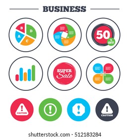 Business pie chart. Growth graph. Attention caution icons. Hazard warning symbols. Exclamation sign. Super sale and discount buttons. Vector