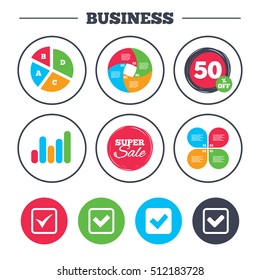 Business pie chart. Growth graph. Check icons. Checkbox confirm squares sign symbols. Super sale and discount buttons. Vector