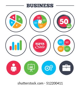 Business pie chart. Growth graph. Business icons. Human silhouette and presentation board with charts signs. Case and gear symbols. Super sale and discount buttons. Vector