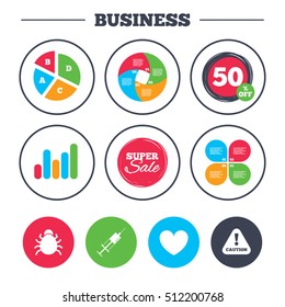 Business pie chart. Growth graph. Bug and vaccine syringe injection icons. Heart and caution with exclamation sign symbols. Super sale and discount buttons. Vector