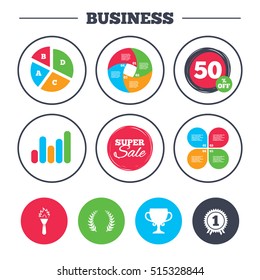 Business pie chart. Growth graph. First place award cup icons. Laurel wreath sign. Torch fire flame symbol. Prize for winner. Super sale and discount buttons. Vector