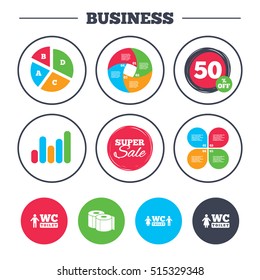 Business pie chart. Growth graph. Toilet paper icons. Gents and ladies room signs. Man and woman symbols. Super sale and discount buttons. Vector