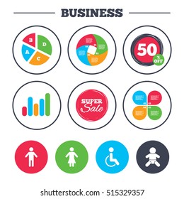 Business pie chart. Growth graph. WC toilet icons. Human male or female signs. Baby infant or toddler. Disabled handicapped invalid symbol. Super sale and discount buttons. Vector
