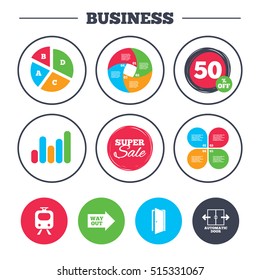 Business pie chart. Growth graph. Train railway icon. Automatic door symbol. Way out arrow sign. Super sale and discount buttons. Vector