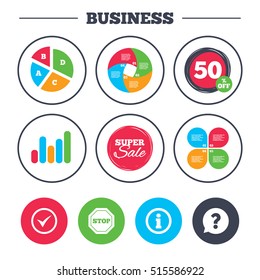 Business pie chart. Growth graph. Information icons. Stop prohibition and question FAQ speech bubble signs. Approved check mark symbol. Super sale and discount buttons. Vector