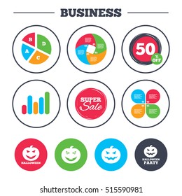 Business pie chart. Growth graph. pumpkin icons. Halloween party sign symbol. All Hallows Day celebration. Super sale and discount buttons. Vector