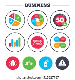 Business pie chart. Growth graph. Bug disinfection icons. Caution attention symbol. Insect fumigation spray sign. Super sale and discount buttons. Vector