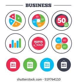 Business pie chart. Growth graph. Sale bag tag icons. Discount special offer symbols. 30%, 50%, 70% and 90% percent sale signs. Super sale and discount buttons. Vector