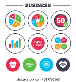 Business pie chart. Growth graph. Happy Mothers's Day icons. Mom love heart symbols. Flower rose sign. Super sale and discount buttons. Vector