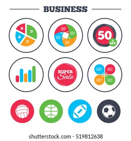 Business pie chart. Growth graph. Sport balls icons. Volleyball, Basketball, Soccer and American football signs. Team sport games. Super sale and discount buttons. Vector