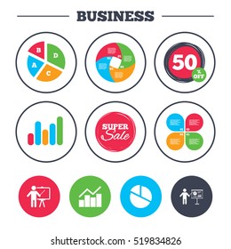 Business pie chart. Growth graph. Diagram graph Pie chart icon. Presentation billboard symbol. Man standing with pointer sign. Super sale and discount buttons. Vector