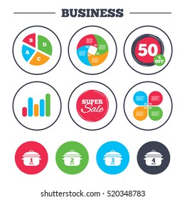 Business pie chart. Growth graph. Cooking pan icons. Boil 1, 2, 3 and 4 minutes signs. Stew food symbol. Super sale and discount buttons. Vector