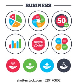 Business pie chart. Growth graph. Helping hands icons. Protection and insurance symbols. Financial money savings, save forest. Diamond brilliant sign. Disabled human. Super sale and discount buttons