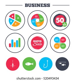 Business pie chart. Growth graph. Fishing icons. Fish with fishermen hook sign. Float bobber symbol. Super sale and discount buttons. Vector
