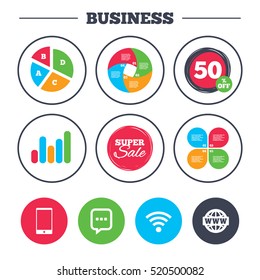 Business pie chart. Growth graph. Communication icons. Smartphone and chat speech bubble symbols. Wifi and internet globe signs. Super sale and discount buttons. Vector