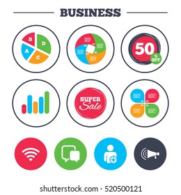 Business pie chart. Growth graph. Wifi and chat bubbles icons. Add user and megaphone loudspeaker symbols. Communication signs. Super sale and discount buttons. Vector