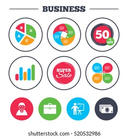Business pie chart. Growth graph. Businessman icons. Human silhouette and cash money signs. Case and presentation symbols. Super sale and discount buttons. Vector