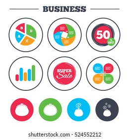 Business pie chart. Growth graph. Wallet with coins icons. Cash bag signs. Retro wealth symbol. Super sale and discount buttons. Vector