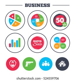Business pie chart. Growth graph. Security agency icons. Home shield protection symbols. Gun weapon sign. Group of people or Share. Super sale and discount buttons. Vector