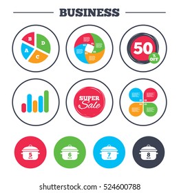 Business pie chart. Growth graph. Cooking pan icons. Boil 5, 6, 7 and 8 minutes signs. Stew food symbol. Super sale and discount buttons. Vector