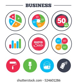 Business pie chart. Growth graph. Painting roller, brush icons. Spray can and Bucket of paint signs. Wall repair tool and painting symbol. Super sale and discount buttons. Vector