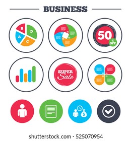 Business pie chart. Growth graph. Bank loans icons. Cash money bag symbol. Apply for credit sign. Check or Tick mark. Super sale and discount buttons. Vector