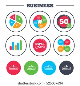 Business pie chart. Growth graph. Donate money icons. Dollar, euro and pounds symbols. Multicurrency signs. Super sale and discount buttons. Vector